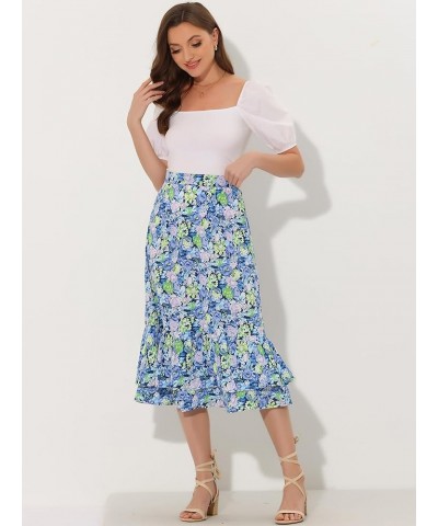 Women's Printed Skirt Chiffon Elastic Waist Ruffle Tiered Flowy Midi Skirts Navy Blue-floral $15.48 Skirts