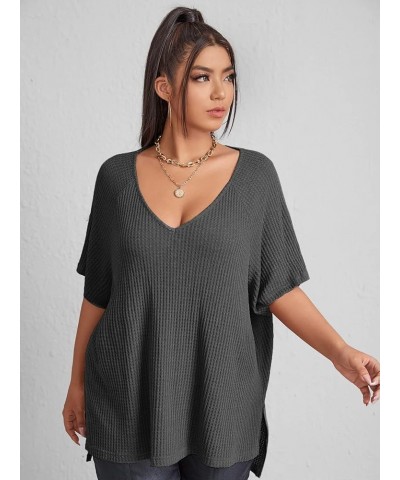 Women's Plus Size V Neck Short Sleeve Tee Split Hem Waffle Knit Oversized Casual Loose Summer Basic T Shirt Tops Pure Dark Gr...