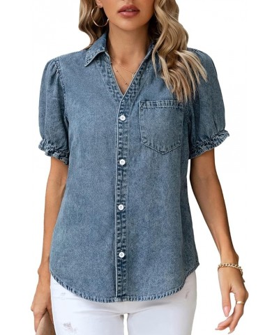 Womens Denim Shirts Button Down Short Puff Sleeve Lightweight Jeans Shirts with Pocket Business Casual Tops Light Blue $19.24...