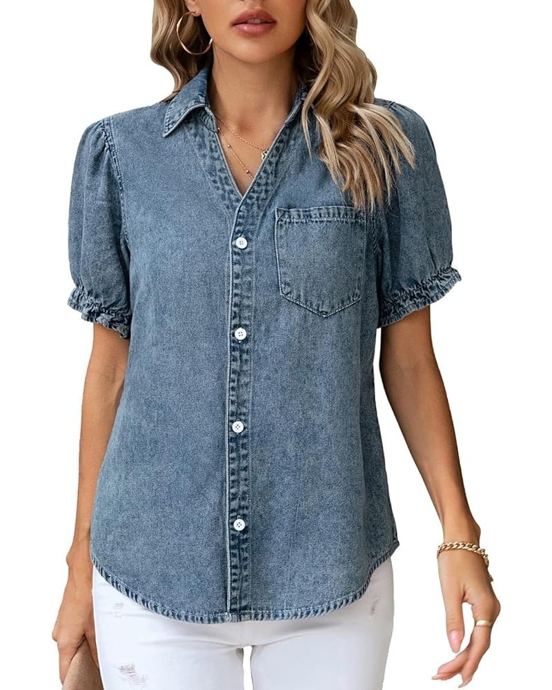 Womens Denim Shirts Button Down Short Puff Sleeve Lightweight Jeans Shirts with Pocket Business Casual Tops Light Blue $19.24...