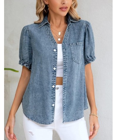 Womens Denim Shirts Button Down Short Puff Sleeve Lightweight Jeans Shirts with Pocket Business Casual Tops Light Blue $19.24...