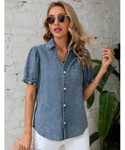 Womens Denim Shirts Button Down Short Puff Sleeve Lightweight Jeans Shirts with Pocket Business Casual Tops Light Blue $19.24...