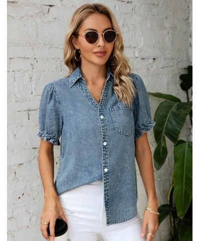 Womens Denim Shirts Button Down Short Puff Sleeve Lightweight Jeans Shirts with Pocket Business Casual Tops Light Blue $19.24...