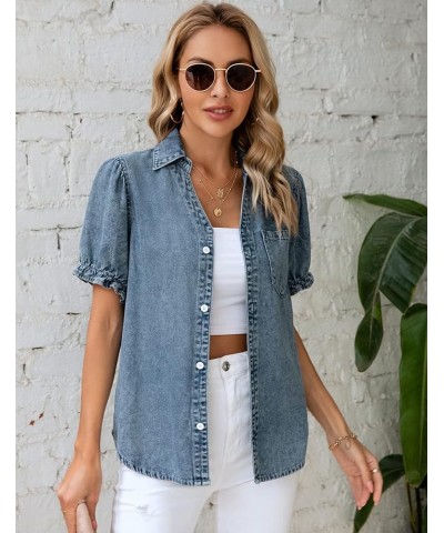 Womens Denim Shirts Button Down Short Puff Sleeve Lightweight Jeans Shirts with Pocket Business Casual Tops Light Blue $19.24...