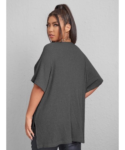 Women's Plus Size V Neck Short Sleeve Tee Split Hem Waffle Knit Oversized Casual Loose Summer Basic T Shirt Tops Pure Dark Gr...