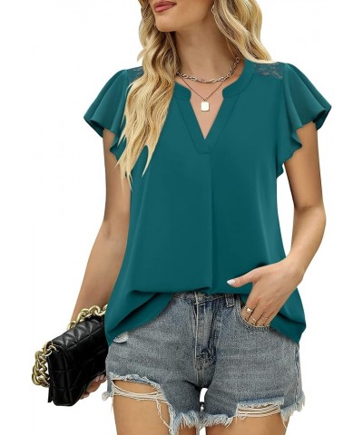 Women's Notch V Neck Short Sleeve Chiffon Shirts Casual Lace Blouse Top Dark Cyan $14.28 Blouses