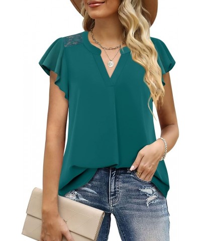 Women's Notch V Neck Short Sleeve Chiffon Shirts Casual Lace Blouse Top Dark Cyan $14.28 Blouses