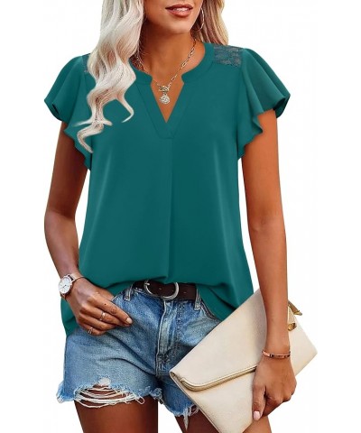 Women's Notch V Neck Short Sleeve Chiffon Shirts Casual Lace Blouse Top Dark Cyan $14.28 Blouses