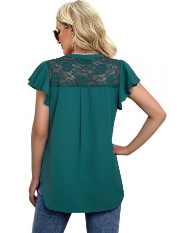 Women's Notch V Neck Short Sleeve Chiffon Shirts Casual Lace Blouse Top Dark Cyan $14.28 Blouses