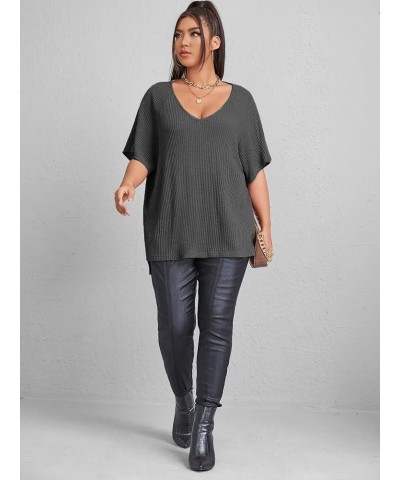 Women's Plus Size V Neck Short Sleeve Tee Split Hem Waffle Knit Oversized Casual Loose Summer Basic T Shirt Tops Pure Dark Gr...