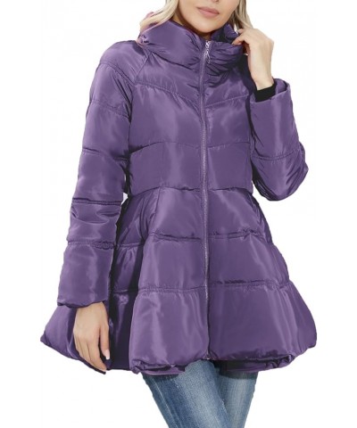 Puffer Jacket Womens Stand Up Neck Zipper Down Jacket Trendy Tie Waist Flared Coats Winter Warm Padded Outerwear Purple $16.2...