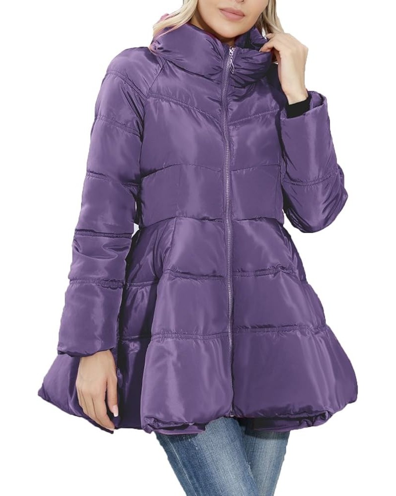 Puffer Jacket Womens Stand Up Neck Zipper Down Jacket Trendy Tie Waist Flared Coats Winter Warm Padded Outerwear Purple $16.2...