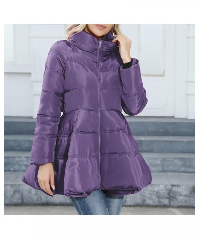 Puffer Jacket Womens Stand Up Neck Zipper Down Jacket Trendy Tie Waist Flared Coats Winter Warm Padded Outerwear Purple $16.2...