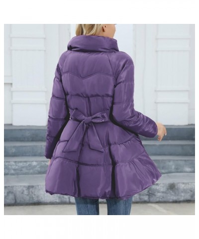 Puffer Jacket Womens Stand Up Neck Zipper Down Jacket Trendy Tie Waist Flared Coats Winter Warm Padded Outerwear Purple $16.2...