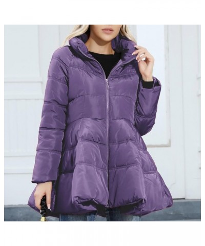 Puffer Jacket Womens Stand Up Neck Zipper Down Jacket Trendy Tie Waist Flared Coats Winter Warm Padded Outerwear Purple $16.2...