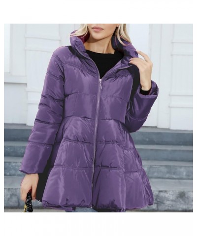 Puffer Jacket Womens Stand Up Neck Zipper Down Jacket Trendy Tie Waist Flared Coats Winter Warm Padded Outerwear Purple $16.2...