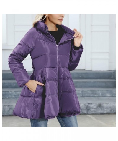 Puffer Jacket Womens Stand Up Neck Zipper Down Jacket Trendy Tie Waist Flared Coats Winter Warm Padded Outerwear Purple $16.2...