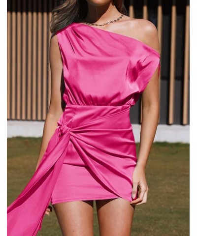 Women's 2024 Sexy Satin One Shoulder Sleeveless Ruched Tie Waist Wrap Bodycon Cocktail Party Mini Dress Brightrose $24.20 Dre...