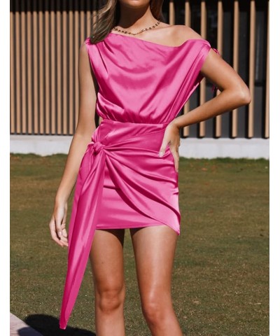 Women's 2024 Sexy Satin One Shoulder Sleeveless Ruched Tie Waist Wrap Bodycon Cocktail Party Mini Dress Brightrose $24.20 Dre...