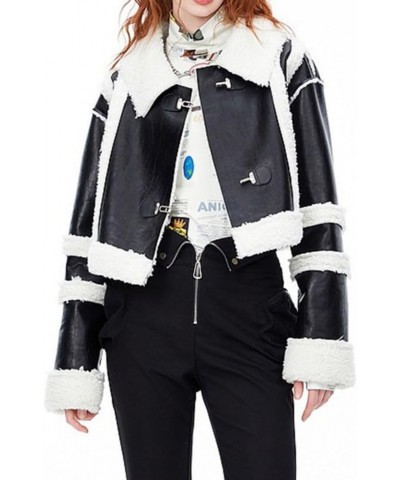 Women's Faux Leather Jacket Moto Biker Sherpa Lamb Fur coat oversize Long Jacket Coats Outerwear Black-short $46.19 Coats