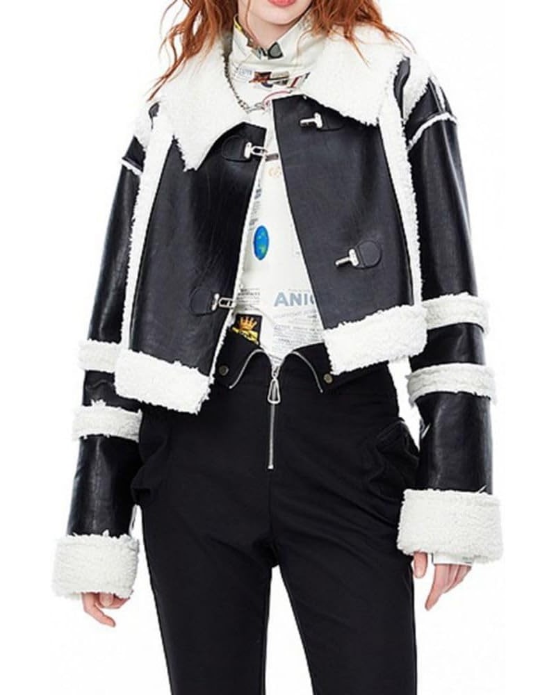 Women's Faux Leather Jacket Moto Biker Sherpa Lamb Fur coat oversize Long Jacket Coats Outerwear Black-short $46.19 Coats