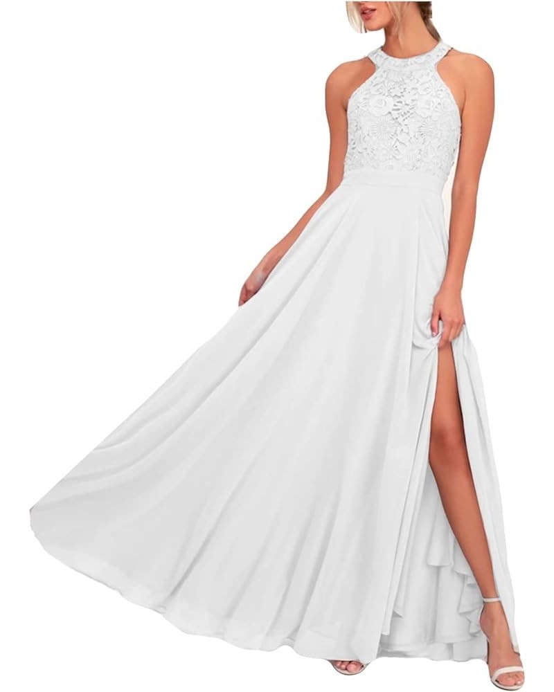 Halter Top Lace Prom Dresses with Split Long 2024 Chiffon Bridesmaid Dress for Women Junior Party Dress White $38.99 Dresses