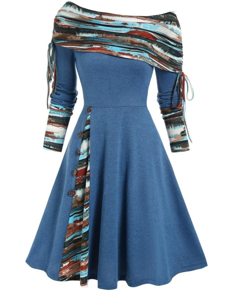 Christmas Cocktail Party Dress for Women's 50s 60s Lace Sleeve Vintage Swing Rockabilly Evening Dress with Belt 5-blue $5.70 ...