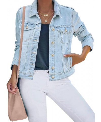 Women's Basic Button Down Stretch Fitted Long Sleeves Denim Jean Jacket Light Blue $22.94 Jackets