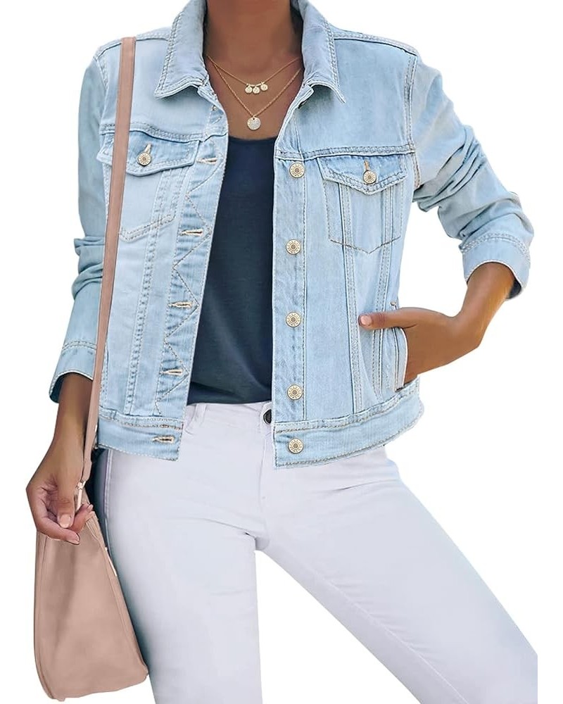 Women's Basic Button Down Stretch Fitted Long Sleeves Denim Jean Jacket Light Blue $22.94 Jackets