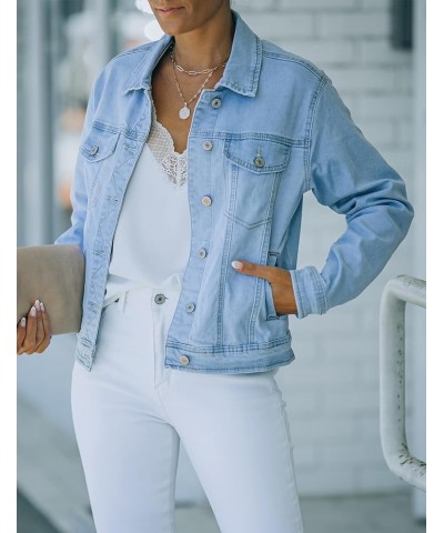 Women's Basic Button Down Stretch Fitted Long Sleeves Denim Jean Jacket Light Blue $22.94 Jackets