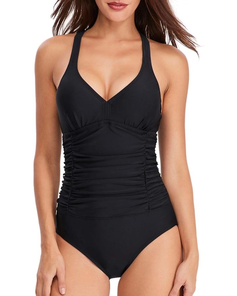 V Neck One Piece Swimsuits with Ruching Bathing Suits Tummy Control Beach Swimwear for Women 1-blacks $19.13 Swimsuits