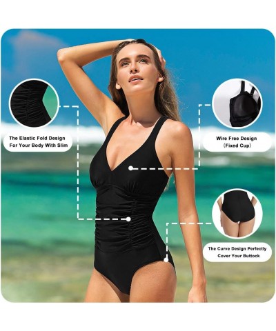 V Neck One Piece Swimsuits with Ruching Bathing Suits Tummy Control Beach Swimwear for Women 1-blacks $19.13 Swimsuits