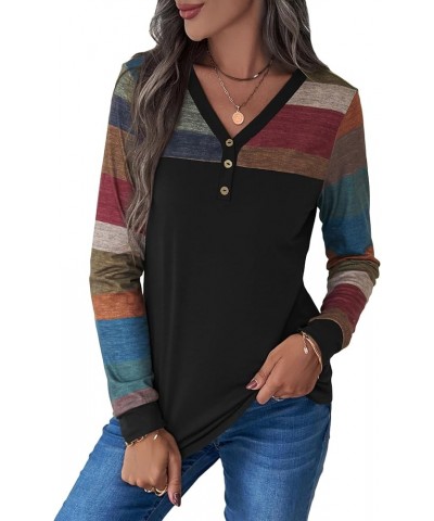 Women's Button Striped Block Color V Neck Short Sleeve T Shirt Casual Tee Maroon Multi $15.89 T-Shirts