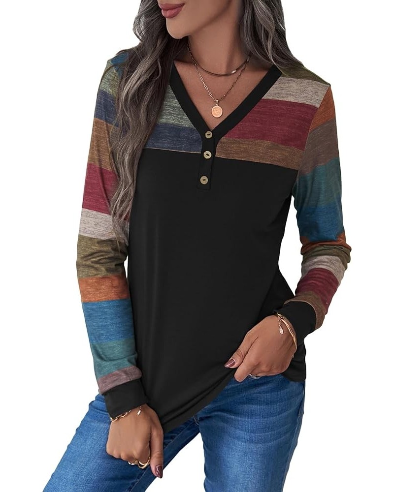 Women's Button Striped Block Color V Neck Short Sleeve T Shirt Casual Tee Maroon Multi $15.89 T-Shirts