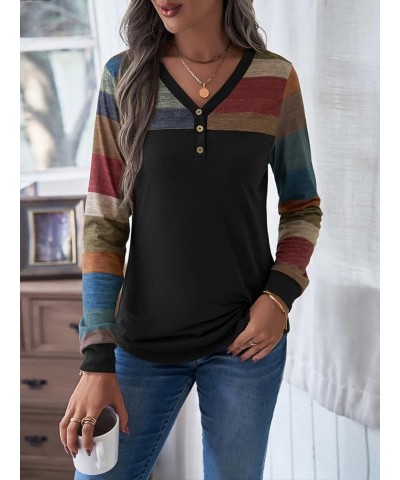 Women's Button Striped Block Color V Neck Short Sleeve T Shirt Casual Tee Maroon Multi $15.89 T-Shirts