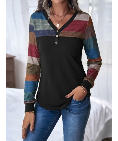 Women's Button Striped Block Color V Neck Short Sleeve T Shirt Casual Tee Maroon Multi $15.89 T-Shirts