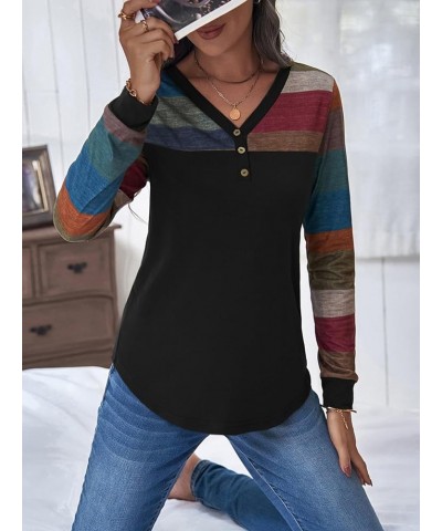 Women's Button Striped Block Color V Neck Short Sleeve T Shirt Casual Tee Maroon Multi $15.89 T-Shirts