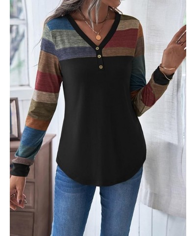 Women's Button Striped Block Color V Neck Short Sleeve T Shirt Casual Tee Maroon Multi $15.89 T-Shirts