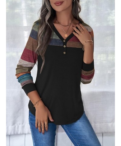 Women's Button Striped Block Color V Neck Short Sleeve T Shirt Casual Tee Maroon Multi $15.89 T-Shirts