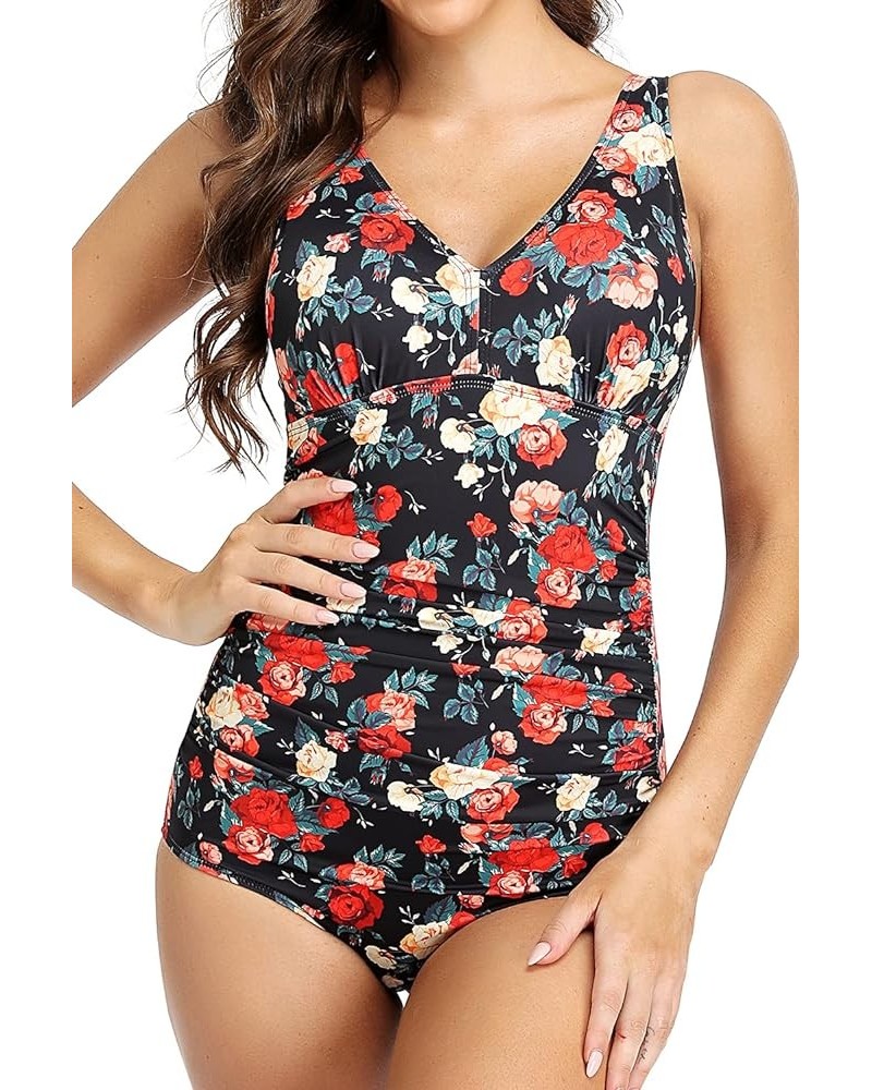 Women's Tummy Control Swimsuit One Piece Bathing Suit Vintage Printed Swimwear Red Flower $23.75 Swimsuits