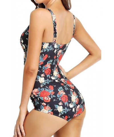 Women's Tummy Control Swimsuit One Piece Bathing Suit Vintage Printed Swimwear Red Flower $23.75 Swimsuits