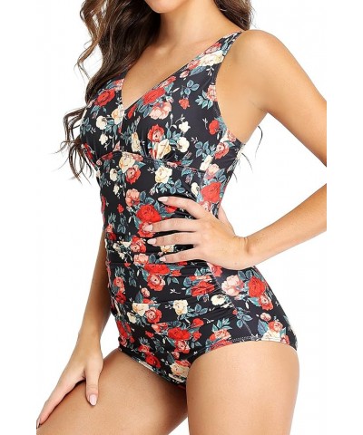 Women's Tummy Control Swimsuit One Piece Bathing Suit Vintage Printed Swimwear Red Flower $23.75 Swimsuits