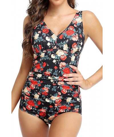 Women's Tummy Control Swimsuit One Piece Bathing Suit Vintage Printed Swimwear Red Flower $23.75 Swimsuits