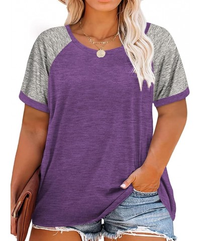 Plus Size Tops for Women Summer Raglan Color Block T Shirts Short Sleeve Loose Fit Tee 26_purple $13.95 Others