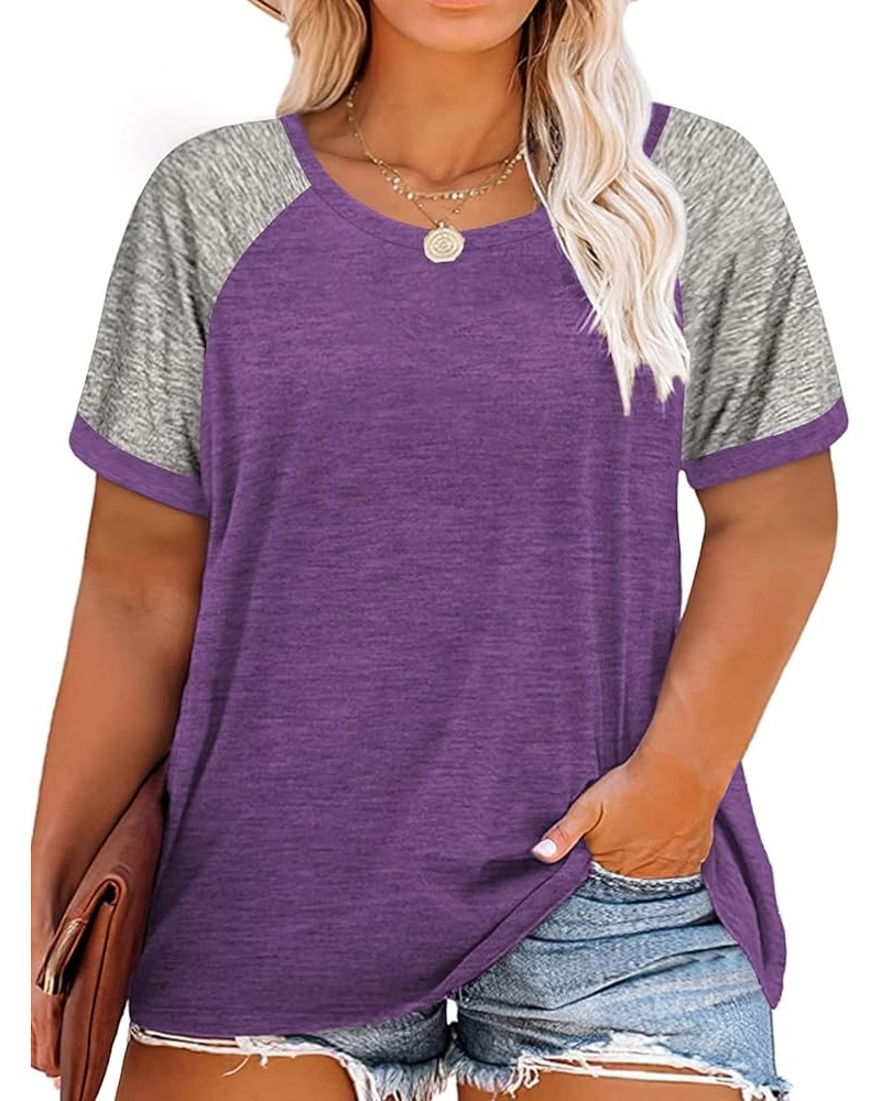 Plus Size Tops for Women Summer Raglan Color Block T Shirts Short Sleeve Loose Fit Tee 26_purple $13.95 Others