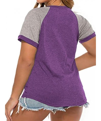 Plus Size Tops for Women Summer Raglan Color Block T Shirts Short Sleeve Loose Fit Tee 26_purple $13.95 Others