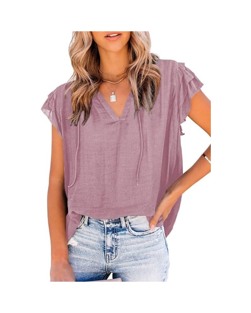 Women's Casual V Neck Tops Drawstring Short Sleeve T Shirt Blouses A Purple $11.99 Blouses