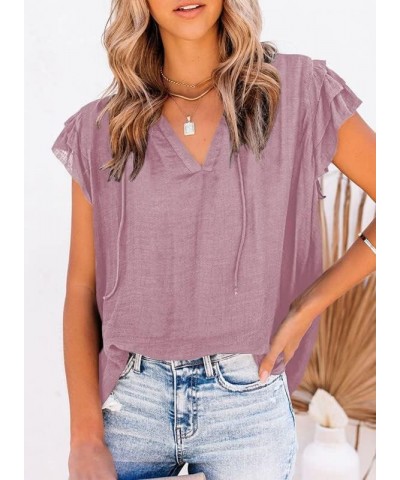 Women's Casual V Neck Tops Drawstring Short Sleeve T Shirt Blouses A Purple $11.99 Blouses