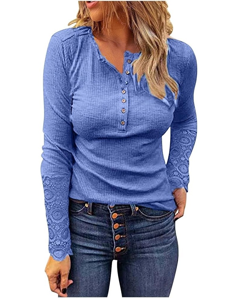 Womens Fall Fashion Ribbed Long Sleeve Scoop Neck Henley T Shirts Button Down Slim Fit Tops Solid Shirts 2-sky Blue $10.33 Ac...