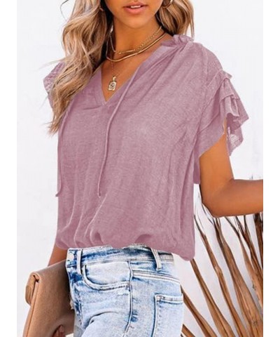 Women's Casual V Neck Tops Drawstring Short Sleeve T Shirt Blouses A Purple $11.99 Blouses